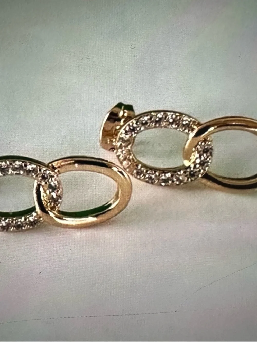 18K Gold Plated CZ Double Circle Stud Earrings | Linked Drop Style NWT